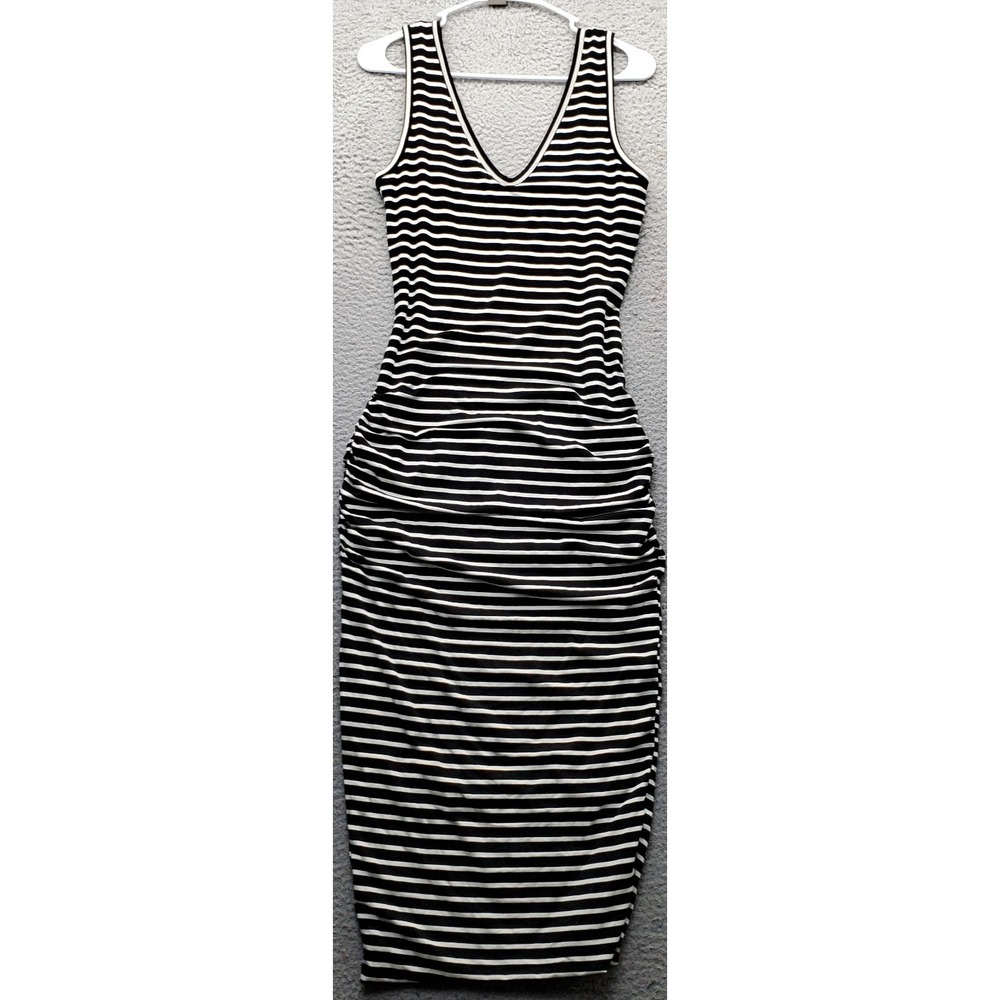 Bishop + Young Ruched Bodycon Maxi Dress Womens M Black White Striped V-Neck